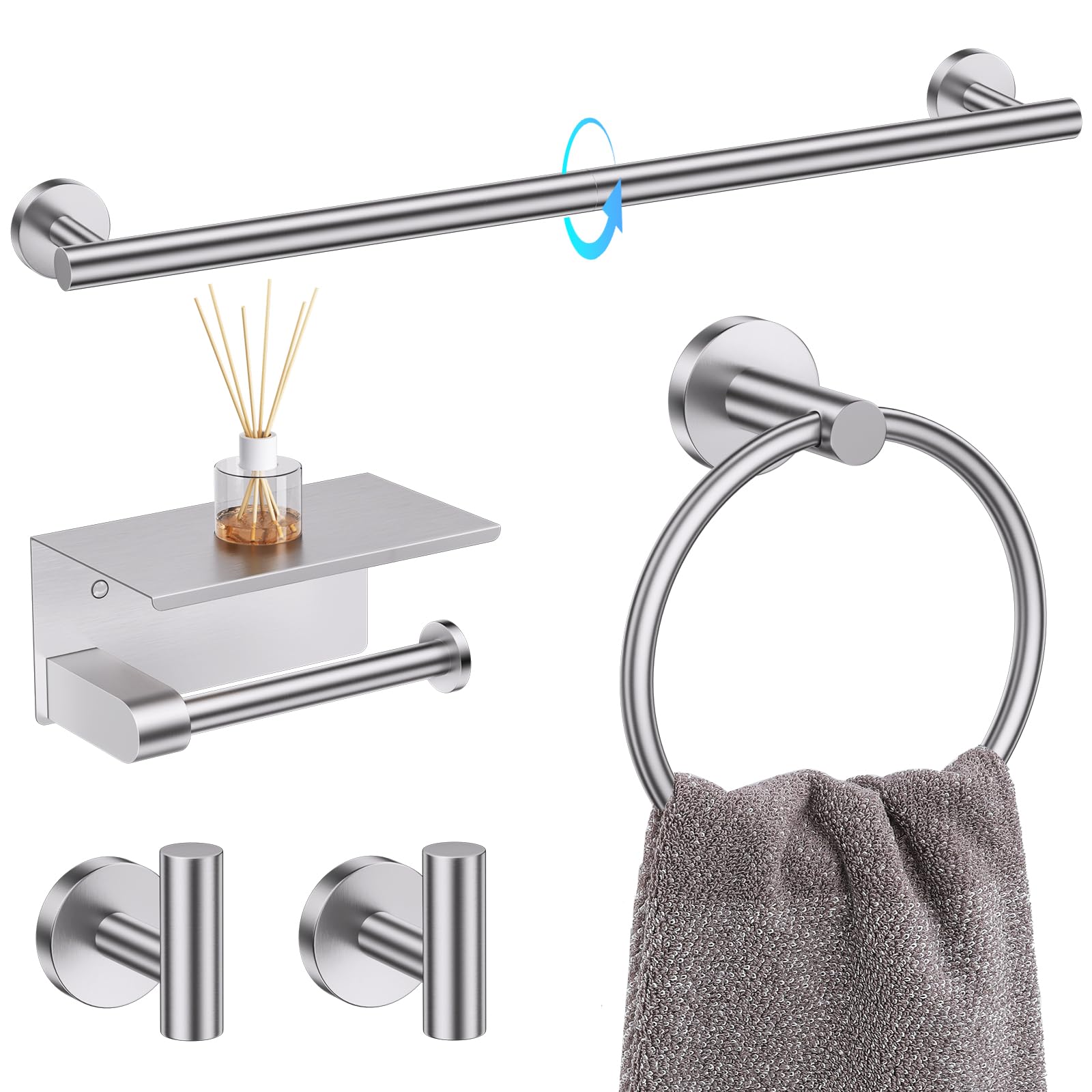 Photo 1 of TQKAG 5 Piece Bathroom Towel Bar Holder Sets Brushed Nickel Bathroom Hardware Set Stainless Steel Toilet Paper Holder with Shelf Bathroom Accessories Kit Wall Mounted