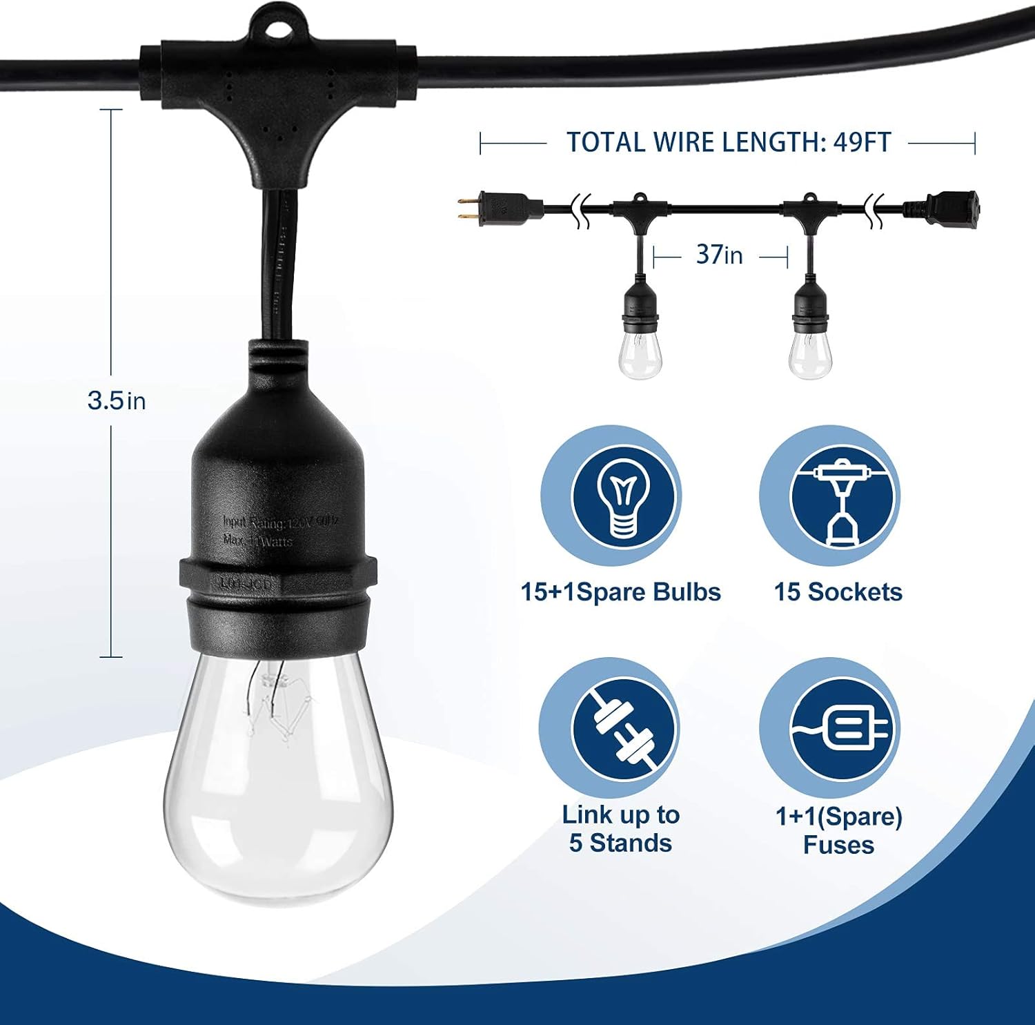 Amico 49FT Outdoor String Lights Commercial Grade Weatherproof Dimmable Patio Light String - 11W Incandescent Edison Bulb - UL Listed Heavy-Duty Decorative Yard Bistro Market Café Lights - - 