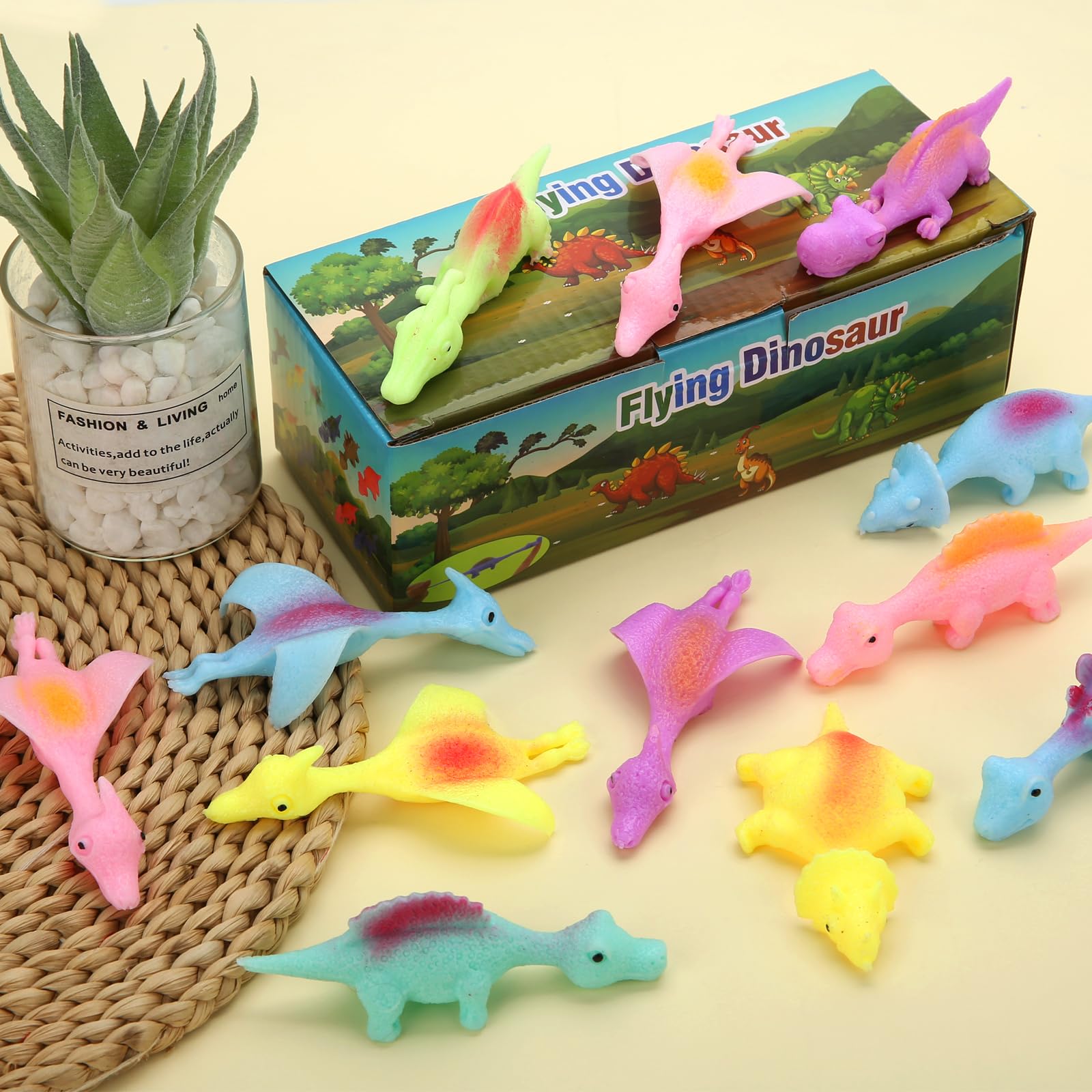 Mantyplay 20 Pcs Slingshot Dinosaur Finger Toys, Party Favors for Kids Sticky Rubber Dino Flying Catapult Fidget Toys for Boys Girls Birthday Goodie Bag Easter Basket Stuffers Valentines Xmas Gifts