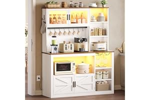 Itaar 45.3 inch Coffee Bar Cabinet, Bakers Rack with Power Outlet and Storage, Farmhouse Microwave Stand Kitchen Cabinet with Hutch, LED Lights, Wine Glass Holder and Hooks (White)