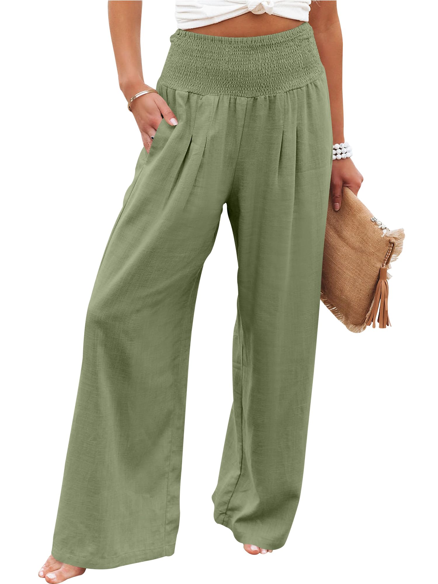 Photo 1 of ANRABESS Women Linen Palazzo Pants Summer Boho Wide Leg High Waist Casual Lounge Pant 2026 Beach Travel Vacation Outfits Olive Large