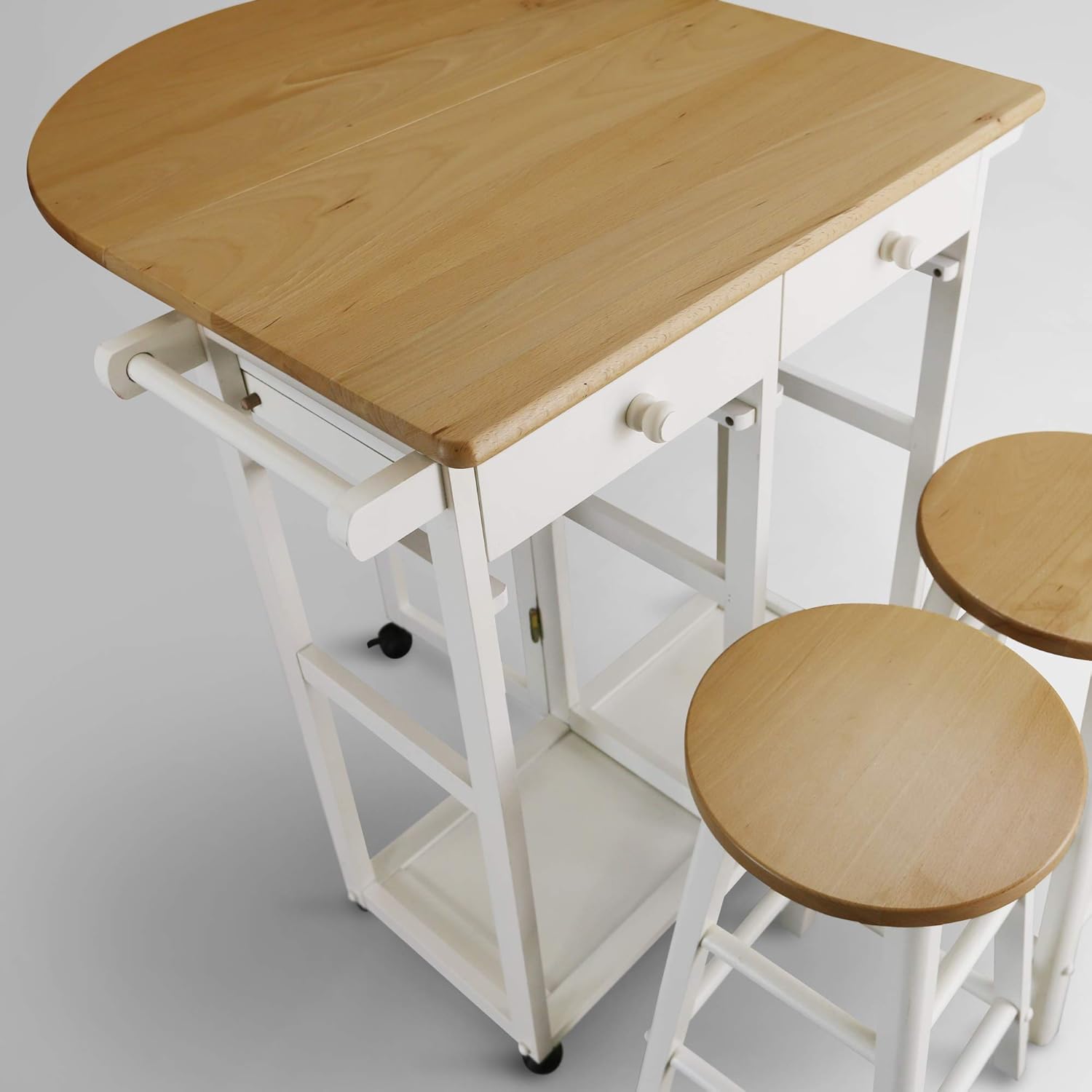 Casual Home Drop Leaf Breakfast Cart with 2 Stools-White: Furniture & Decor