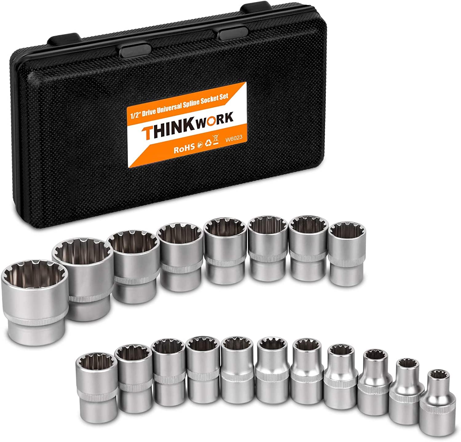 THINKWORK 1/2 Inch Drive Universal Spline Socket Set, Works with SAE, Metric, Partially Rounded, 6 pt, 12 pt, Square and E-TORX, Cr-V Steel