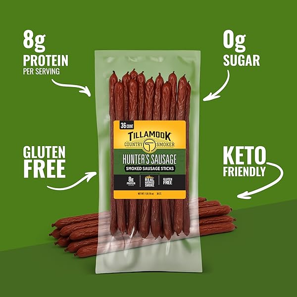 TILLAMOOK COUNTRY SMOKER REAL HARDWOOD SMOKED SAUSAGES, HUNTER’S SAUSAGE MEAT STICKS, LOW CARB, HIGH PROTEIN, READY TO EAT SNACKS, 36 COUNT BULK PACK