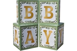 PABUES Baby Boxes with Letters for Baby Shower, 4pcs Baby Shower Decorations for Boy Girl Balloon Boxes Gender Reveal Baby Shower Birthday Party Favors (Green Gold)