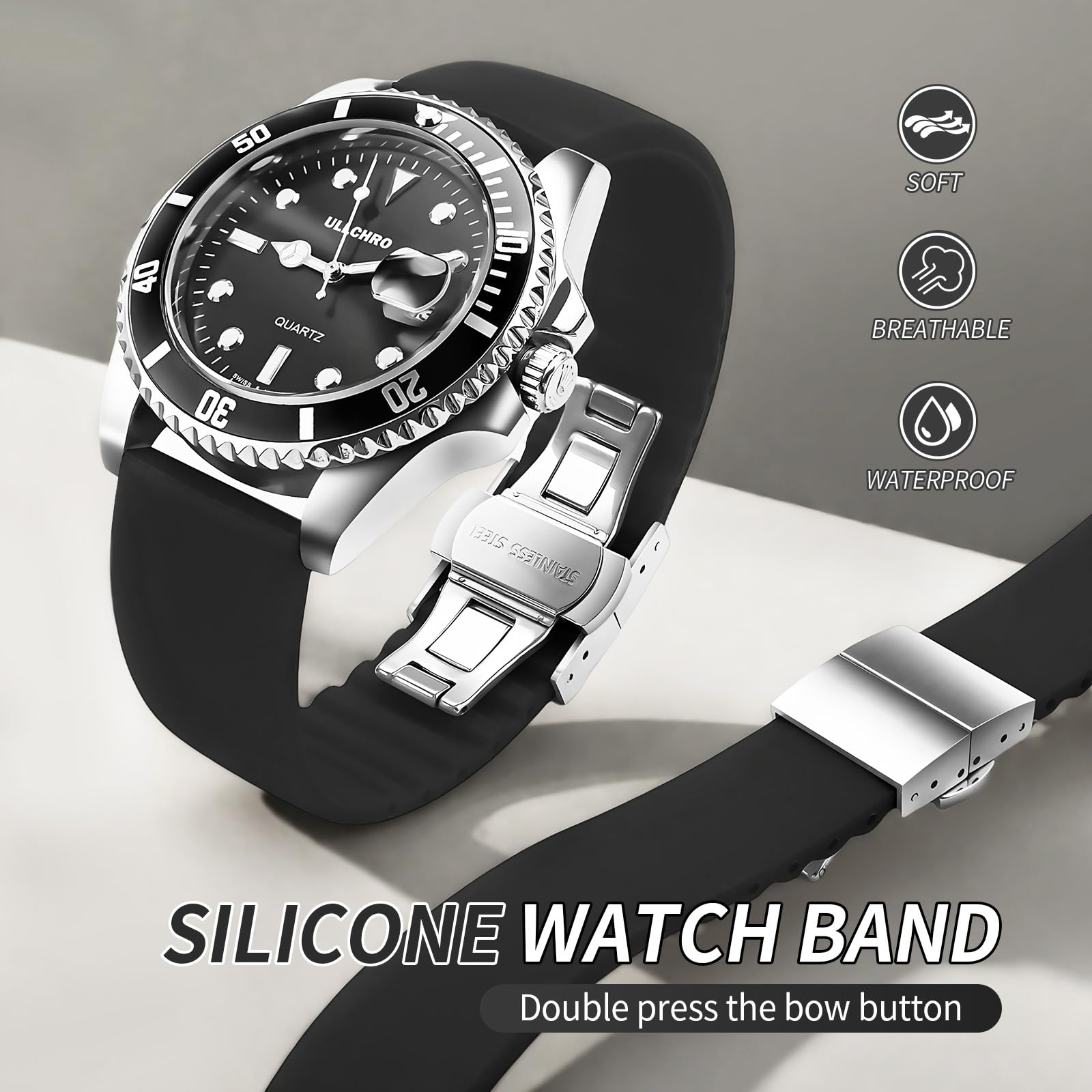 ULLCHRO Silicone Watch Strap Replacement Rubber Watch Band Waterproof - 14mm, 16mm, 18mm, 20mm, 22mm, 24mm Watch Bracelet with Stainless Steel Deployment Buckle