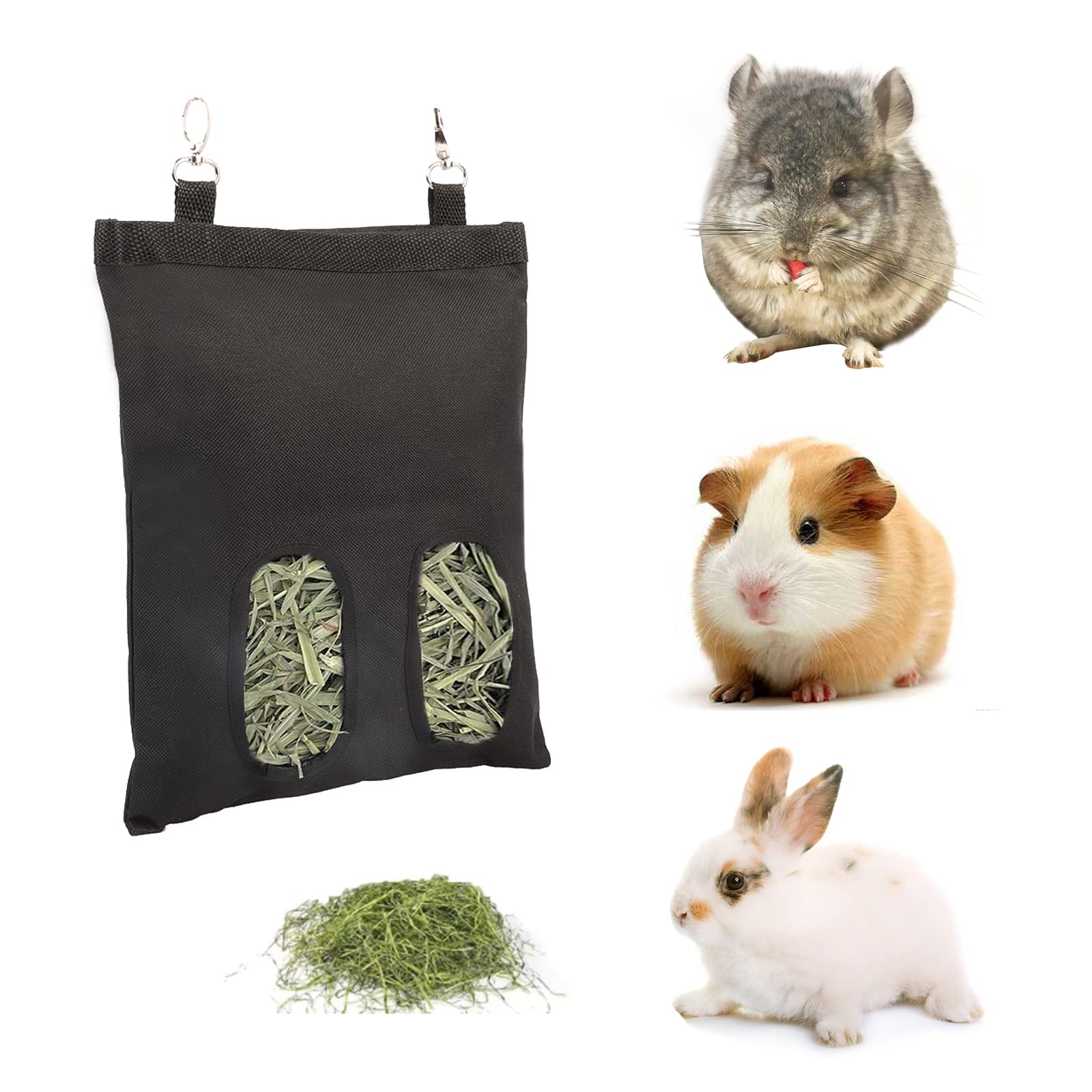 Kaket Rabbit & Guinea Pig Hay Feeder Bag with Swivel Hooks - Hanging Feeder for Rabbit, Guinea Pig, Chinchilla (Black)