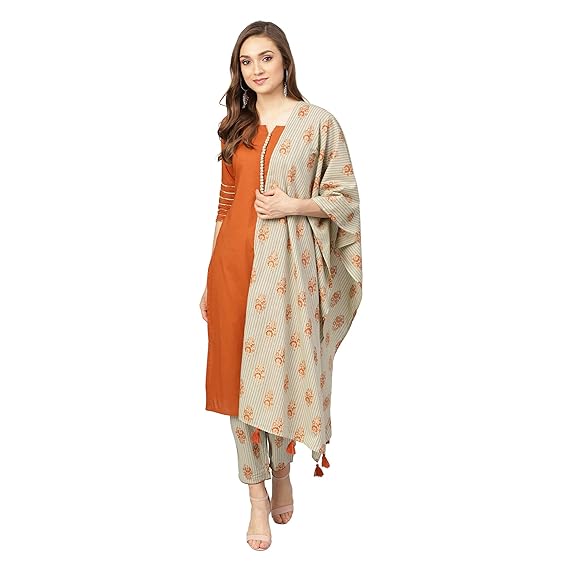 Women's Rust Cotton Kurta With Printed Pants And Dupatta