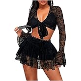 SweatyRocks Women's 2 Piece Mini Skirt Sets Y2k Lace Crop Tops and Mesh Bodycon Skirts Matching Set Party Club Outfits
