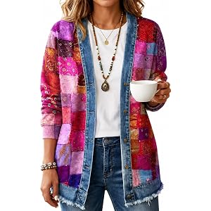 paooqii Jean Jacket for Women Floral Printed Denim Cardigan Casual Long Sleeve Button Up Trendy Colorful Jacket