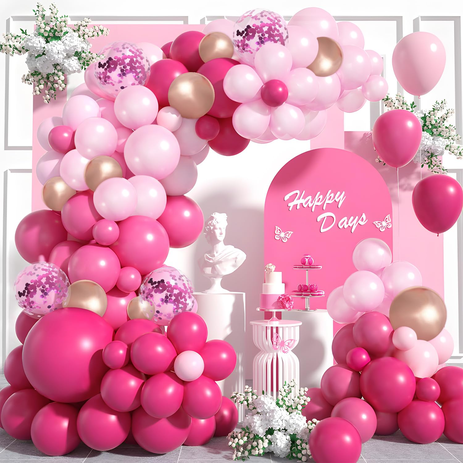Photo 1 of Balloon Garland Arch Kit with Rose Gold Accents | 131 PCS Pink Balloon Arch Kit - 18/12/5 Inch Hot Pink Balloons for Birthday, Wedding & Princess Party Decorations, Bridal Shower & Baby Shower