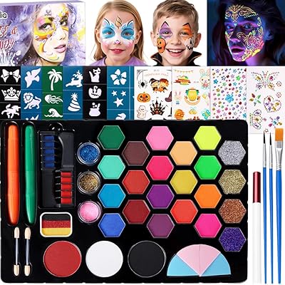 Janolia Gesichtsfarbe Kinderschminke Set, 25 Bodypainting Farben für Theaterschminke, Wasserbasis Kinderschminke, Faschingsschminke Face Paint, Ideal Kinderschminken Set für Halloween Karneval