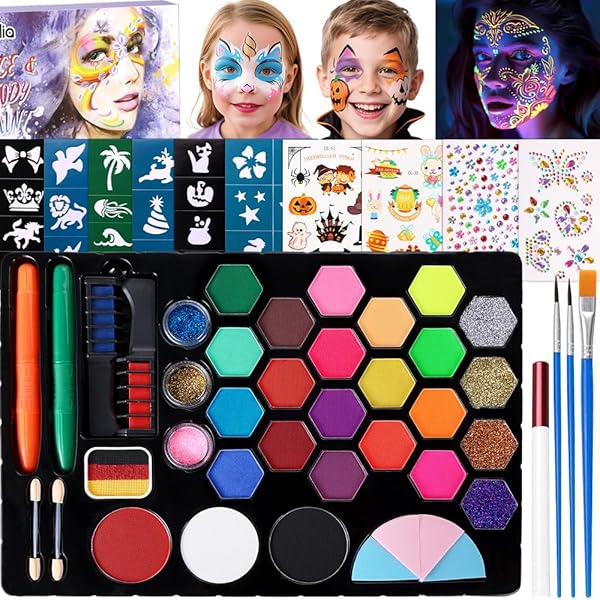Janolia Gesichtsfarbe Kinderschminke Set, 25 Bodypainting Farben für Theaterschminke, Wasserbasis Kinderschminke, Faschingsschminke Face Paint, Ideal Kinderschminken Set für Halloween Karneval