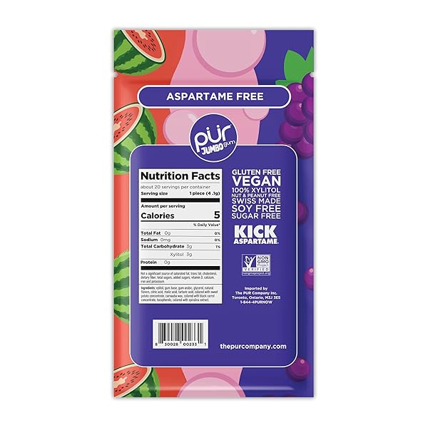 PUR JUMBO GUM | ASPARTAME FREE CHEWING GUM | 100% XYLITOL | NATURAL BUBBLEGUM, GRAPE, WATERMELON FLAVOR, 20 PIECES (PACK OF 1)