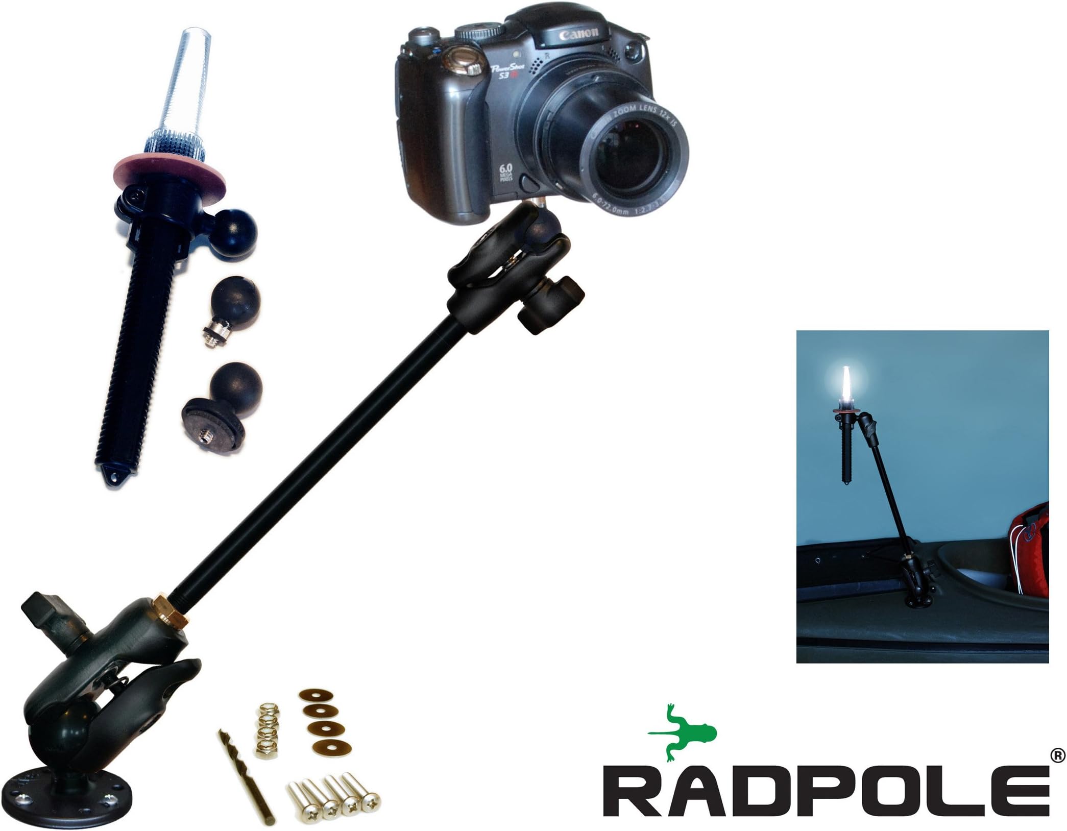 Kayalu Radpole 16" Expedition Kit | Multipurpose gear mounting system for kayak, canoe, boat. | Includes Camera Mount | Video Mount | Bright White LED Navigation Light | 100% marine-grade materials | Ships assembled and tested. | RAM Mounts components | Lightweight aluminum, brass, stainless.