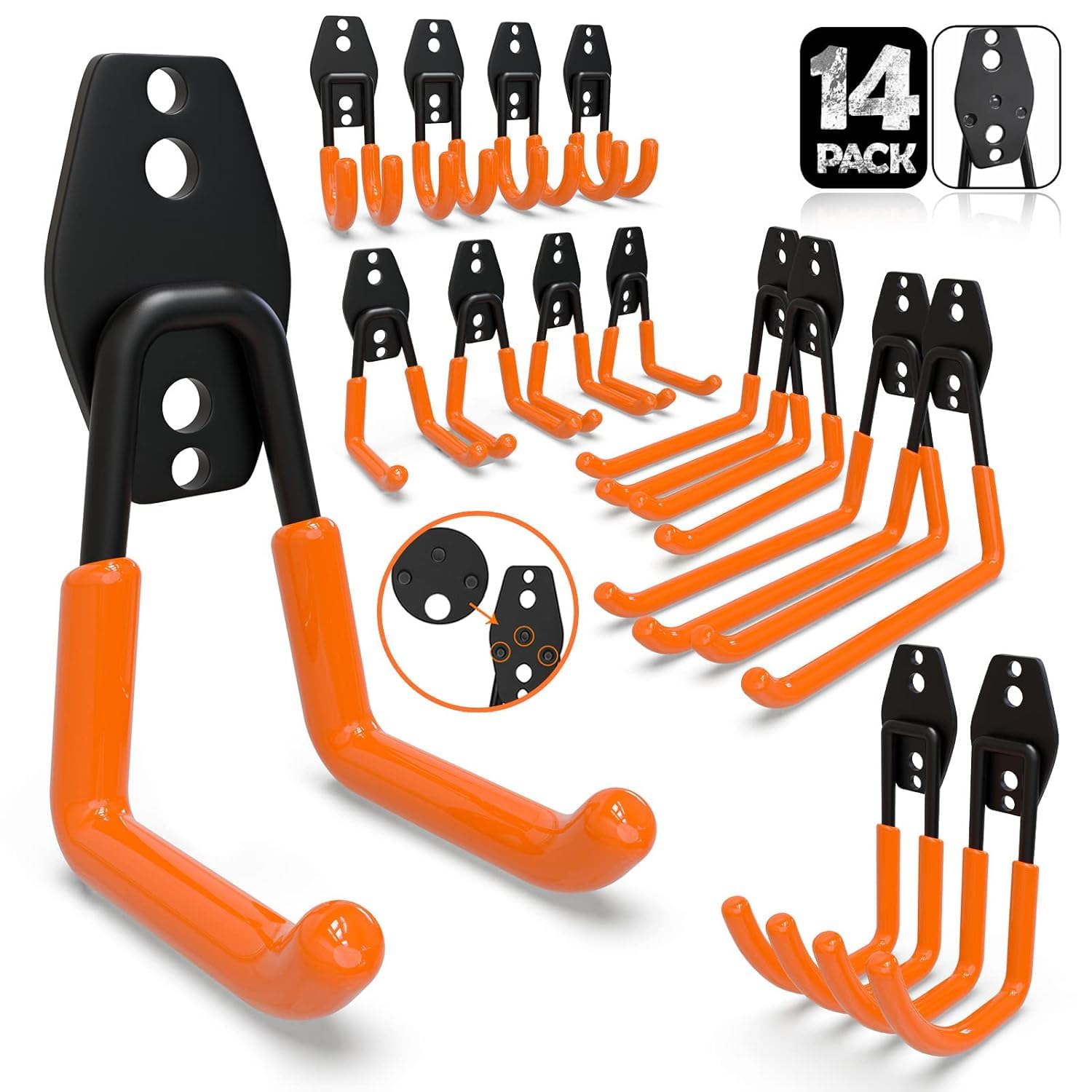 3-H Garage Heavy Duty Wall Hooks 14 Pack with Extra Welding Spots,Garage Organizer for Garden,Lawn,Yard Tools,Chairs,Ladders,WeedEater,Shovel,Blower(Orange)