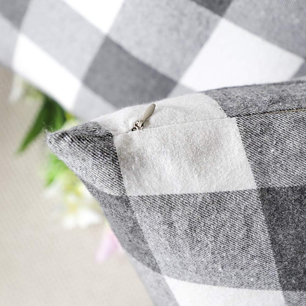4TH Emotion Set of 2 Farmhouse Buffalo Check Plaid Throw Pillow Covers Cushion Case Cotton Polyester for Sofa Grey and White, 18 x 18 Inches: Home & Kitchen