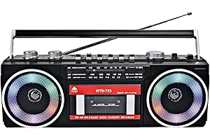 WISCENT Retro 80's Cassette Player Recorder with AM/FM/SW Radio, Bluetooth Boombox, USB, Built-in MIC for Voice Recording, RGB Colorful Lights, Headphone Jack, AC or Battery Powered