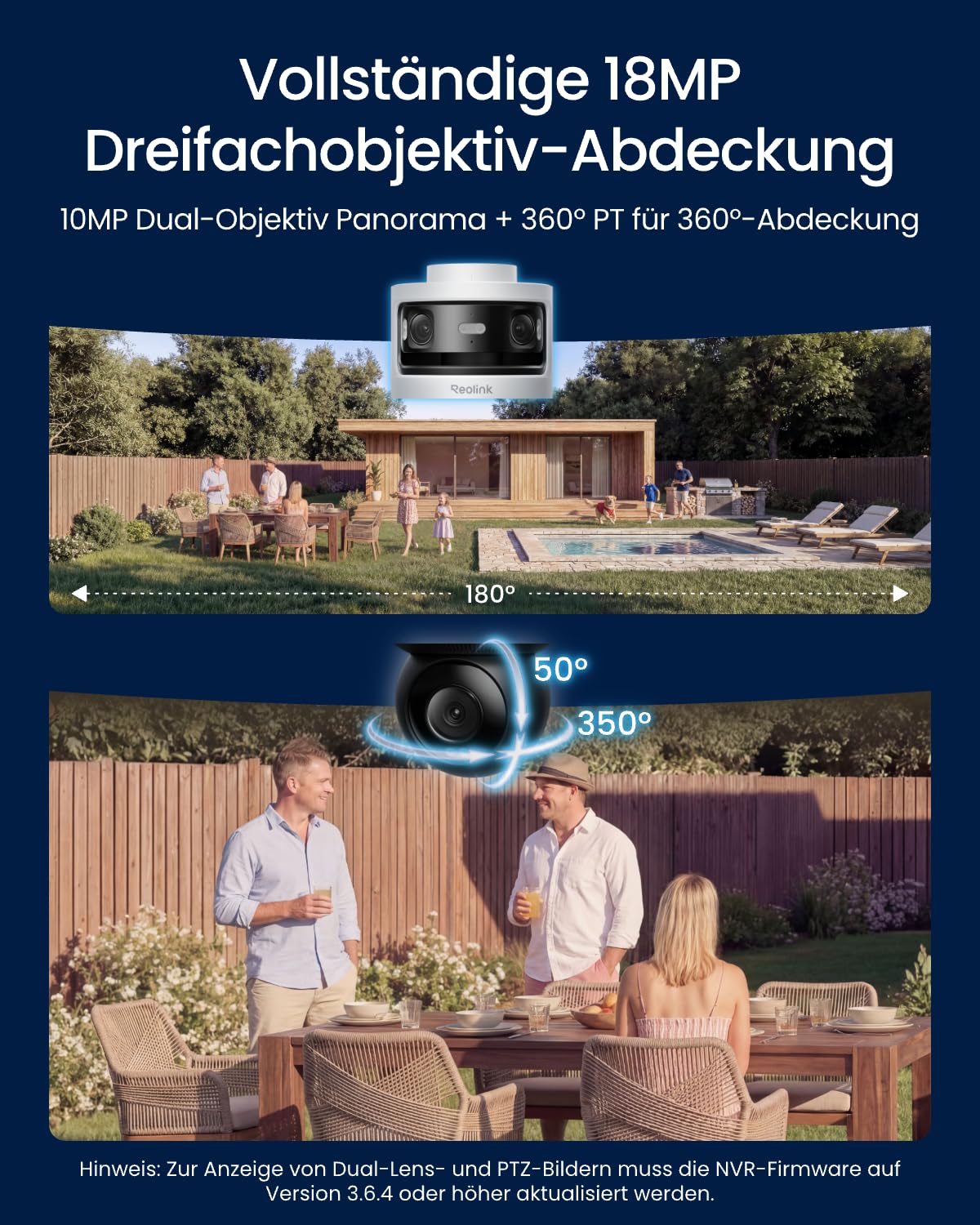Reolink Dreifachobjektiv PoE Sicherheitskamera für den Außenbereich, 10MP 180° Panorama & 4K PT mit Auto-Tracking, KI-Videosuche, Perimeterschutz, Farb- & IR-Nachtsicht, 24/7-Aufzeichnung, OMVI 3i PoE 2