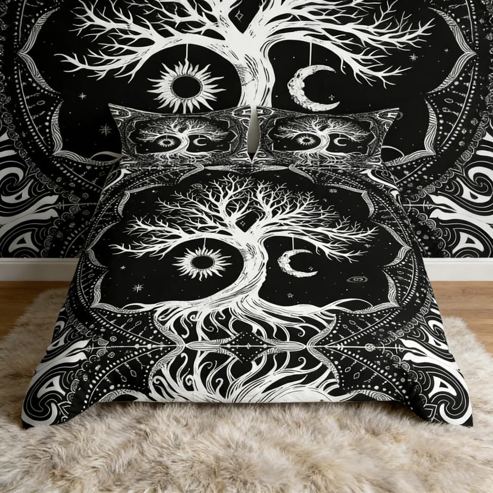 Loussiesd Life Tree Bedding Set for Girls Boys Children Sun and Moon Boho Comforter Cover Bohemian Duvet Cover Galaxy Astrology Bedspread Cover Psychedelic Hippie Single Size 2Pcs