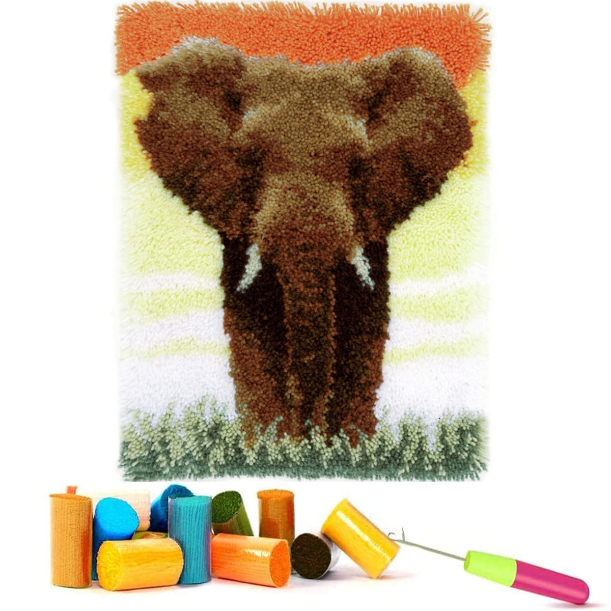 EMISTEM Latch Hook Kits for Adults - DIY Latch Hook Rug Kits for Kids, Crochet Kit for Beginners, Rug Making Kits with Printed Canvas, Gift Packaging. (Elephant,15x21) — image 1