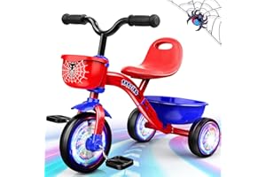 ACKARIDO Tricycle for Toddlers 1-3 3-5 Year Olds, Spider Toddler Bike Baby Balance Bike with Colorful Lighting Wheels & Large Basket, Birthday Gift and Toy for 1 2 3 4 5 Year Olds Boys and Girls