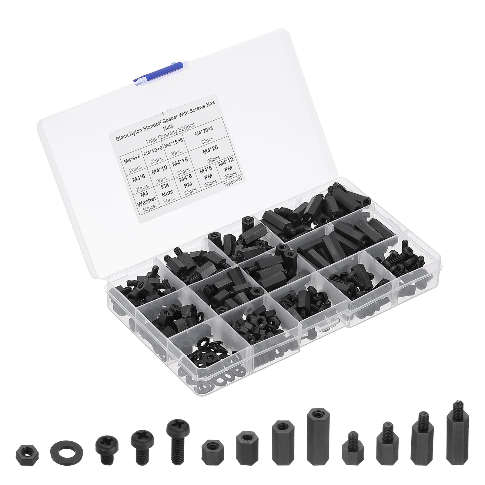 PATIKIL M4 Male Female Nylon Hex Spacer Standoff Kit, 320Pcs Motherboard Standoffs Assortment Kit, Electrical Outlet Spacers, Screws Nuts for PCB Motherboard, Circuit Board, Black