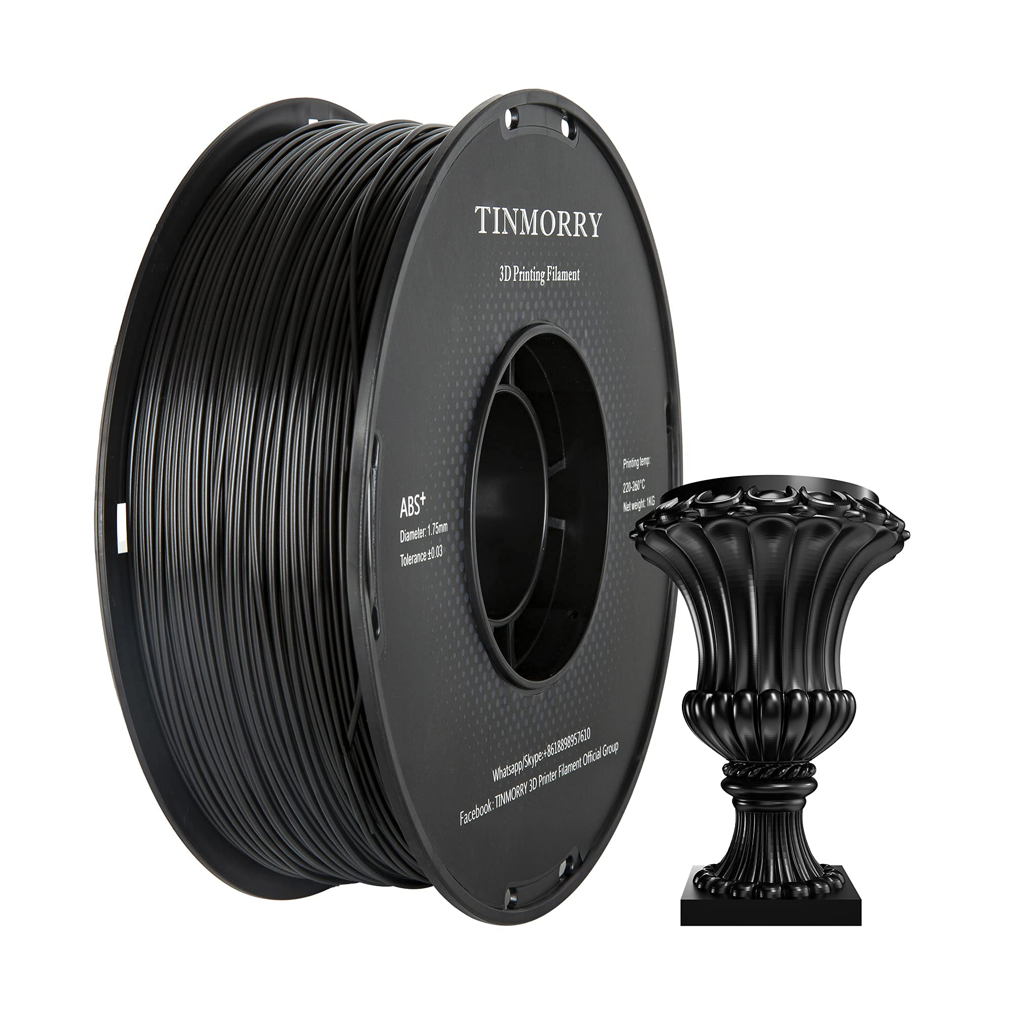 ABS+ Filament 1.75mm for 3D Printer, TINMORRY Filament 3D Printing Materials 1KG, 1 Spool, Black