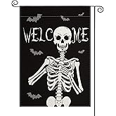 Welcome Skull Garden Flags for Outside 12x18 Inch Double Sided, Valentines Gifts for Him Her Boyfriend Girlfriend, Spooky Skeleton Garden Flag for Fall Indoor House Outdoor, Horror Christmas Yard Flag