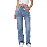 HDLTE Baggy Stretchy Jeans for Women High Waisted Trendy Wide Leg Jeans Boyfriend Denim Pants with Patch Pockets