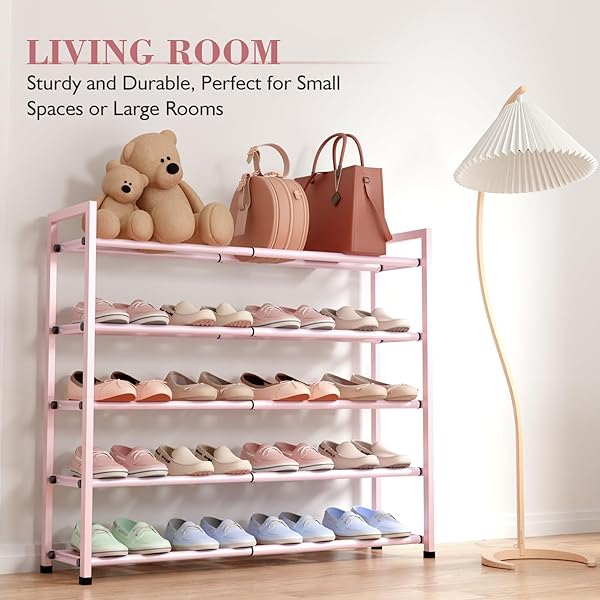 BUMUSTY 5-TIER EXPANDABLE SHOE RACK FOR CLOSET, 18“-33” ADJUSTABLE SHOE RACK FOR SMALL SPACE, SMALL SHOE ORGANIZER FOR FRONT DOOR, STURDY METAL (PINK)