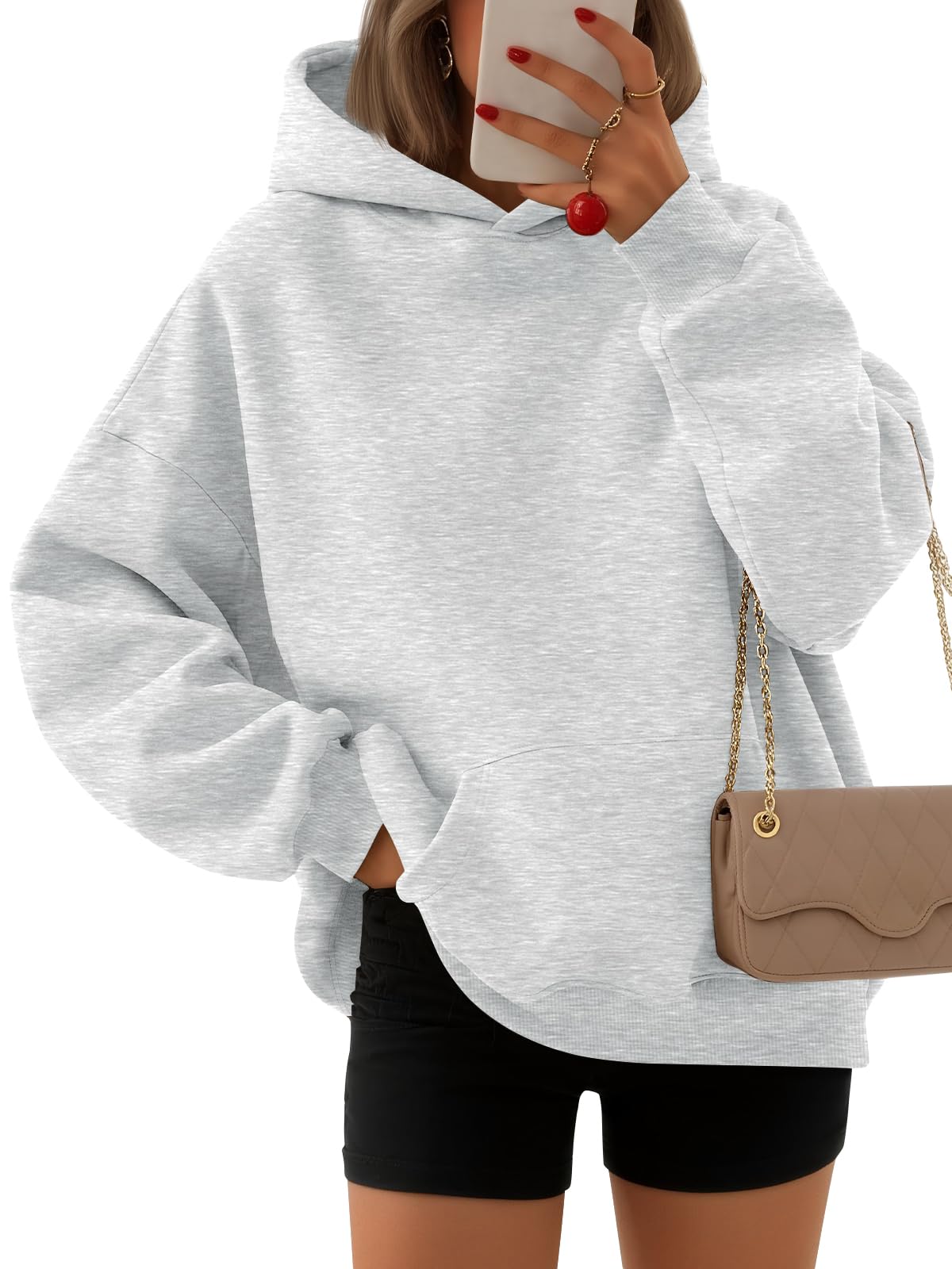 EFAN Women's Oversized Fleece Hoodie, Cozy Plush Pullover Sweatshirt with Pocket Grey XS Image