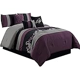 Chezmoi Collection Napa 7-Piece Luxury Leaves Scroll Embroidery Bedding Comforter Set (Queen, Purple/Black/Gray)