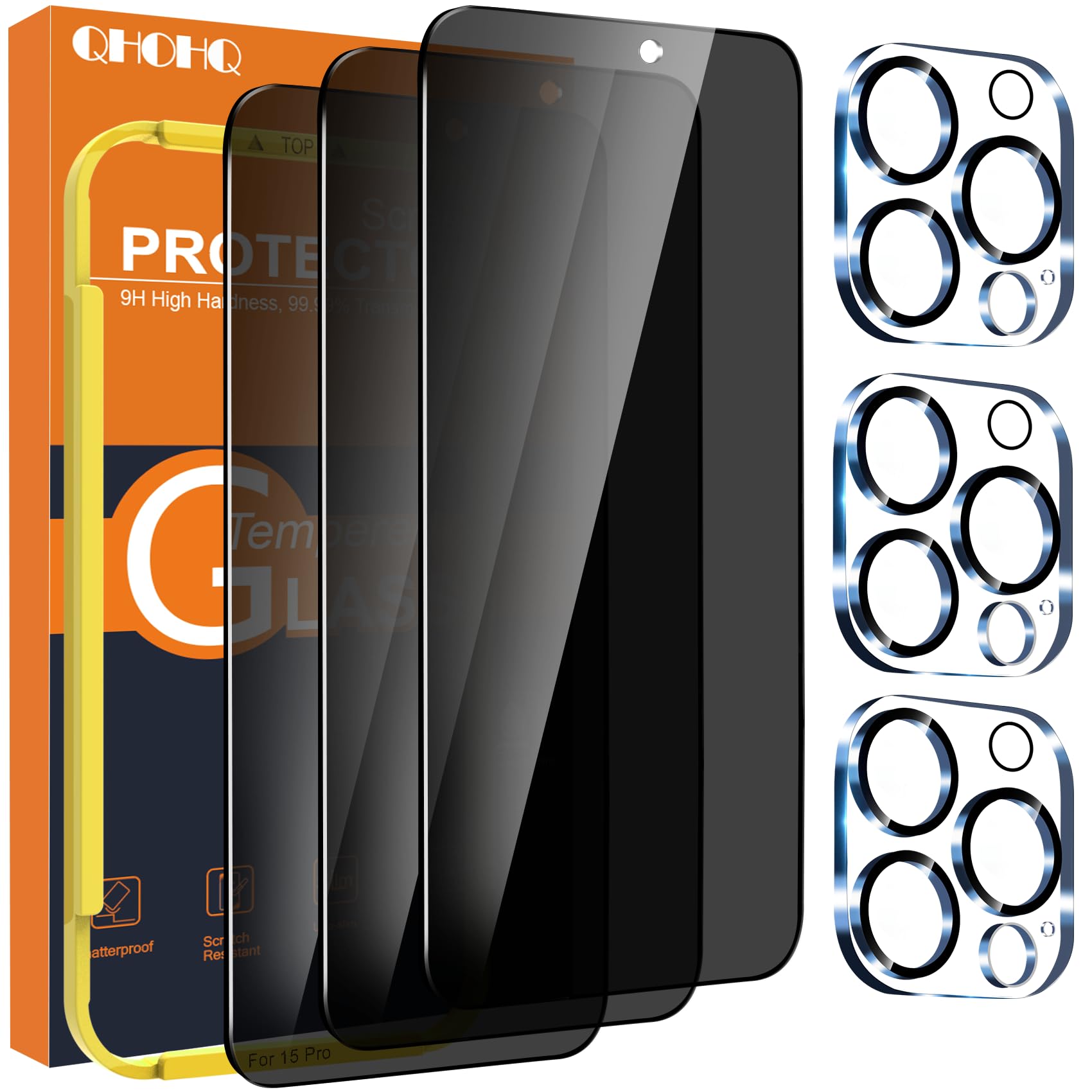 Photo 1 of QHOHQ 3 Pack Privacy Screen Protector for iPhone 15 Pro [6.1 Inch] with 3 Pack Camera Lens Protector, Anti Spy Tempered Glass Film, 9H Hardness, HD, Bubble Free, Case Friendly - Black
