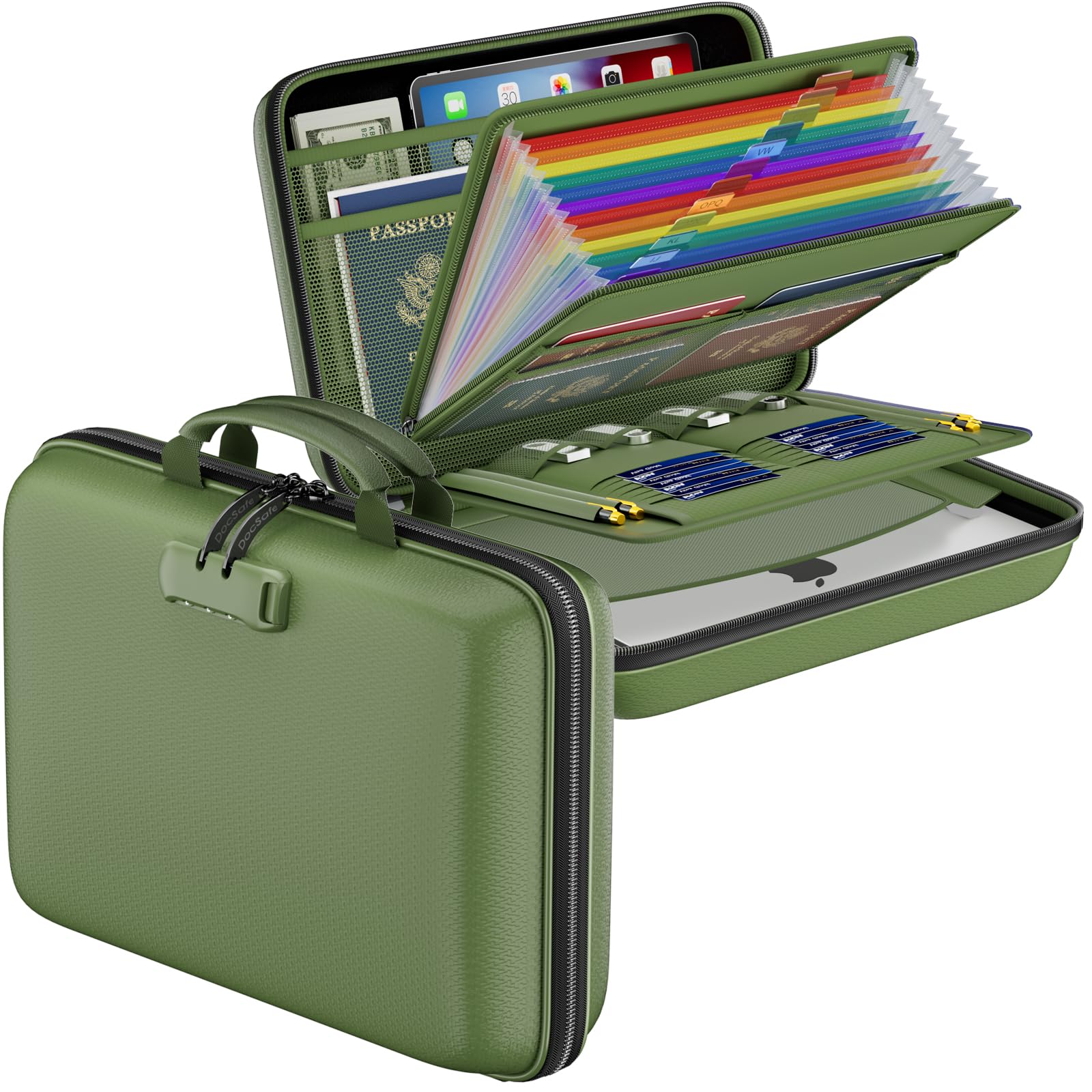 Photo 1 of DocSafe Fireproof File Organizer with Lock, Hard-Shell Case Fireproof Document Box with 13 Pocket Accordion File Folder, Portable Home Office Travel Safe Storage for Important Documents Laptop Green