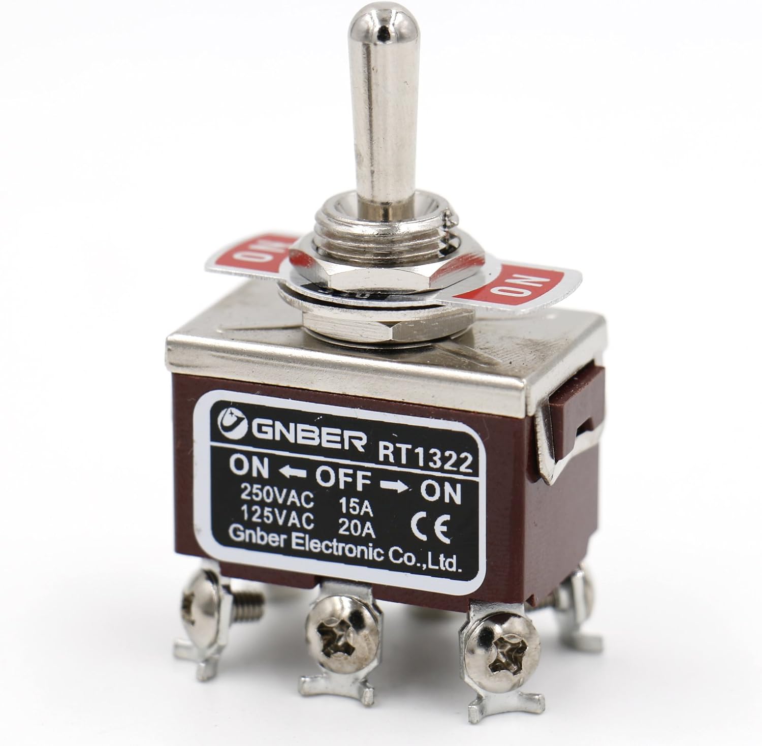 Heschen Metal Toggle Switch, RT1322, DPDT, Maintained Type, ON/OFF/ON, 3 Position, 15A 250VAC, brown