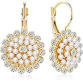 JNONL Unique Boho Sparkly Crystal Pearl Flower Disc Dangle Drop Earrings 14k Gold Round Floral Leverback Earrings For Women