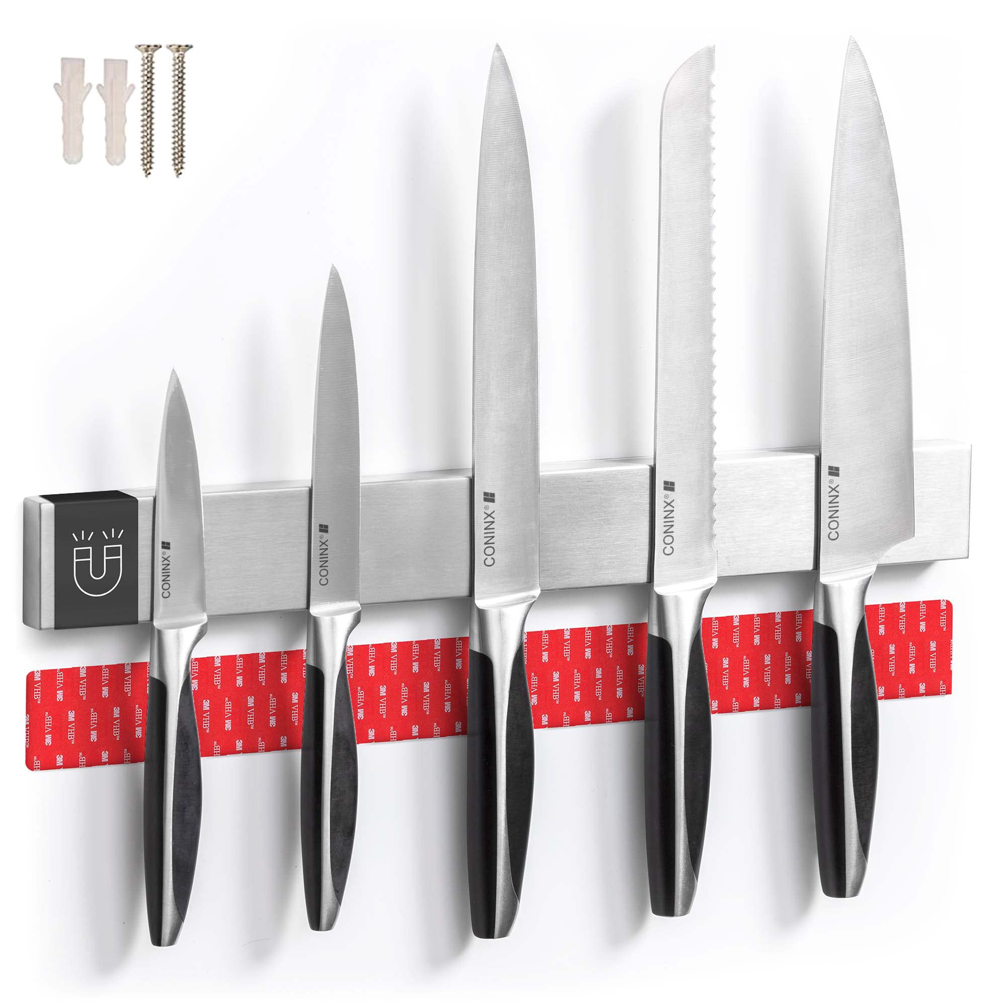Coninx Magnetic Knife Holder for Wall 40cm (16") | Stainless Steel Hanging Knife Strip Strong Magnet | Screws or 3M Adhesive Tape Installation | Knife Rack | Metal Tool and Kitchen Utensil Holder
