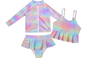 Happy Cherry Mermaid Swimsuit Set for Toddler Baby Girl 3 Piece Bikini Set with Long Sleeve Rash Guard Shirt and Swimsuit Top