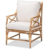 Bali & pari Brandon Modern Bohemian White Fabric Upholstered and Natural Rattan Armchair