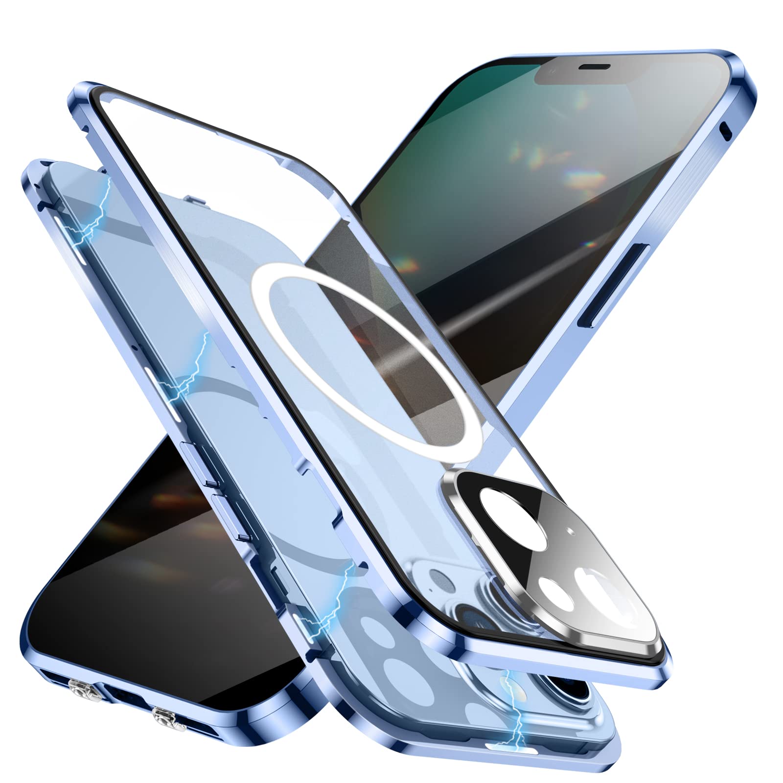 Jonwelsy Anti Peeping Case for iPhone 13 Compatible with Magsafe 360 Degrees Double Sides Protection Front Privacy Glass Cover Magnetic Adsorption Metal Bumper for iPhone 13 6.1 inch (Blue)