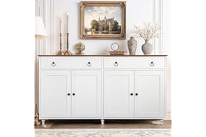 4 EVER WINNER Sideboard Buffet Cabinet with Storage, 55” White Buffet Cabinet with 2 Drawers & 4 Doors, Retro Wood Coffee Bar Cabinet Serve Buffet Table with Adjustable Shelves for Dining Room