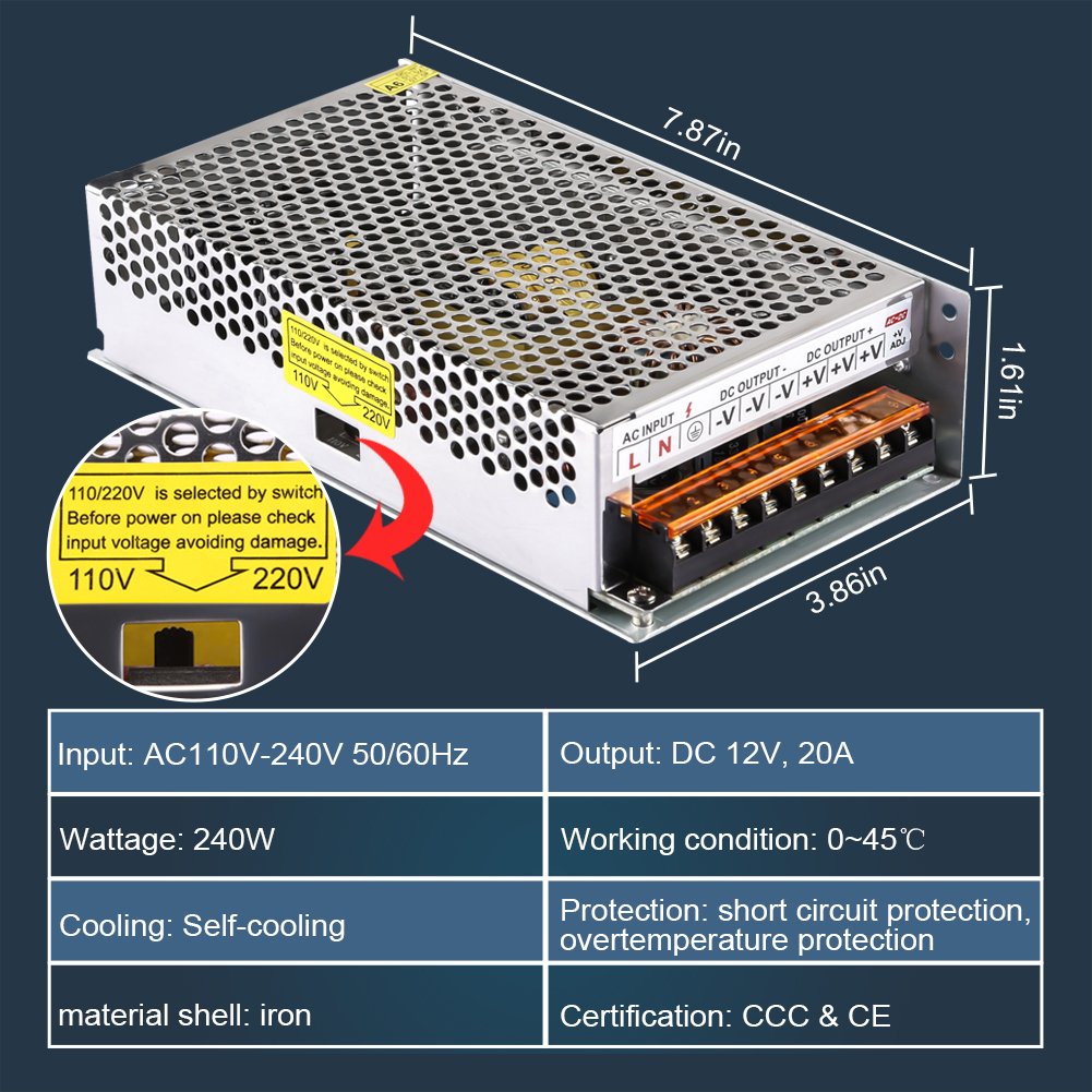 LEDMO Switching Converter, Power Supply Adapter Transformer for LED Strip Light, AC 100V/240V to DC 12V 20A 240W LED Strip Light Power Supply Switching Mode Converter