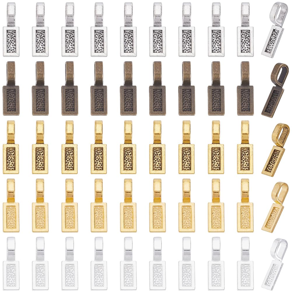 SOFPLATE 1 Box 100Pcs 5 Colors Flat Pad Bail Gold Cabochon Charms Bails Bulk Alloy Silver Rectangle Shovel Charm Connector Hanger jewellery Base Blank Settings for Necklaces Making DIY Cabochons