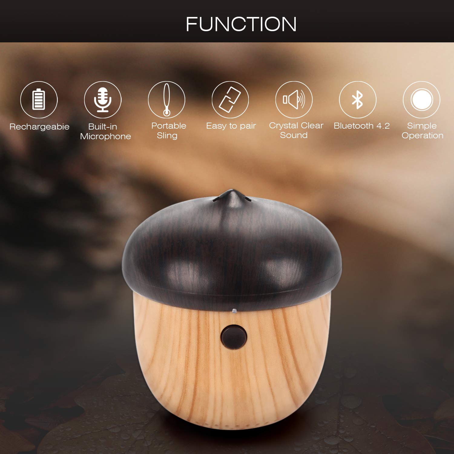 Mini Speaker Bluetooth Wireless, in legno, ricaricabile con copertura in legno, grande suono e compatibile con iPhone, MP3, Samsung, Smartphone, iPad e iPod.