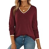 Dokotoo Womens Sweaters Dressy Casual Long Sleeve V Neck Lightweight Ribbed Knit Wool Pullover Jumper Top