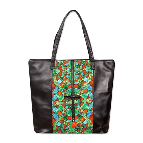 Green Gond Tote bag |Digital printed cotton with artificial leather detail|Perfect and big enough to keep all your essentials|1 compartment and 2 pockets and water-resistant lining (Black Color)
