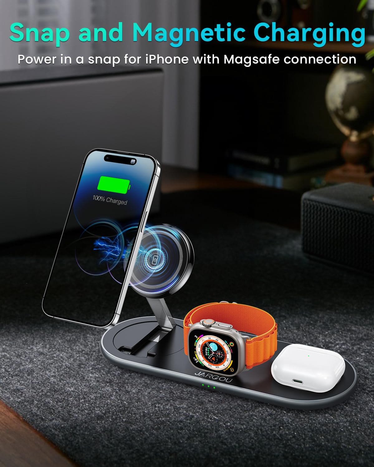 JARGOU 3 in 1 Charging Station for Apple Compatible with Magsafe Charger Stand with Apple Charging Station for iPhone 16 15 14 13 12, for Apple Watch, for AirPods 2/3/4/Pro/Pro 2 (Foldable) (Black)