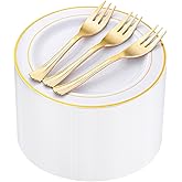 WELLIFE 120 PCS Plastic Dessert Plates and 120 PCS Forks, 6.3 inch Disposable Salad Plate, Premium White Appetizer Plates with Gold Rims Perfect for Party and Wedding