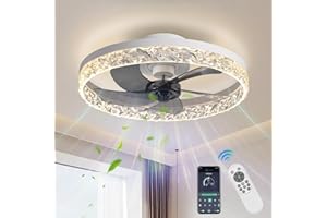 AHAWILL Crystal Ceiling Fans with Lights,19.7" Flush Mount Ceiling Fan with Remote,Low Profile,Reversible,Noiseless,Dimmable,White Fandelier Chandelier Ceiling Fan for Bedroom.